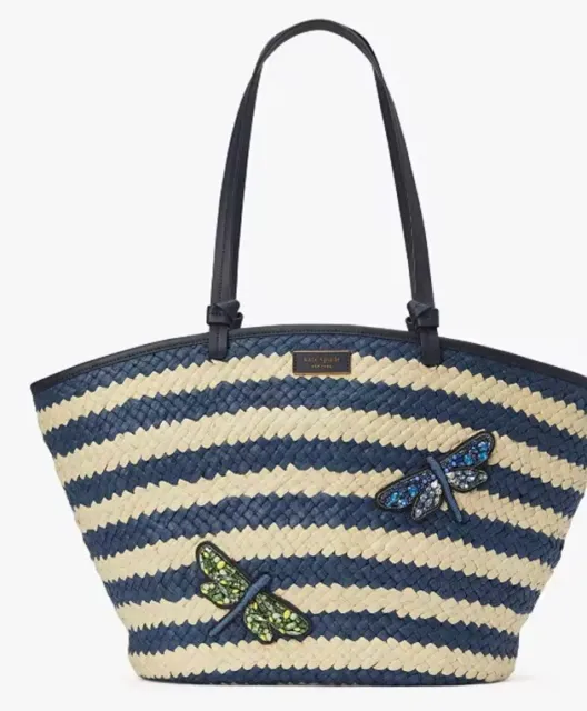 Kate Spade Shore Thing Dragonfly Embellished Striped Straw Large Tote