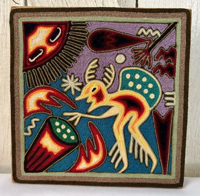 Huichol Shaman YARN PAINTING On Board Mexican SIGNED Folk Art 8” Story On Back