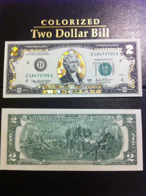 2$-22 K Gold 2 Dollar Bill-Hologram Colorized-Usa Note-Legal Currency Gift Money