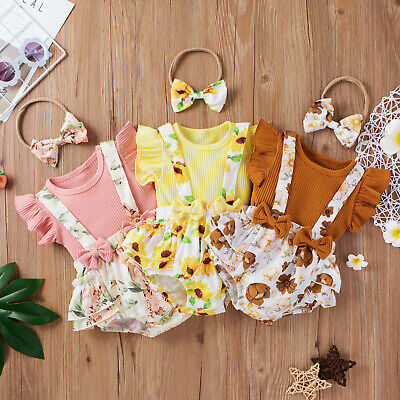 Baby Girls Outfit Set Flying Sleeve Top+Suspender Bowknot Back Briefs+Headband
