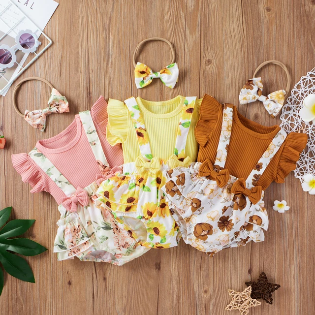 Baby Girls Outfit Set Flying Sleeve Top+Suspender Bowknot Back Briefs+Headband