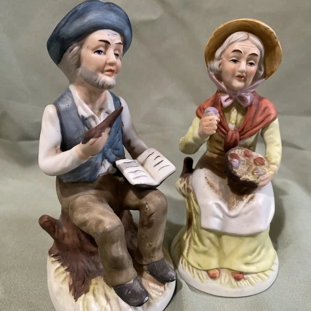 VINTAGE CERAMIC OLD Man & Woman Figurines Sitting Bisque Collectable 5