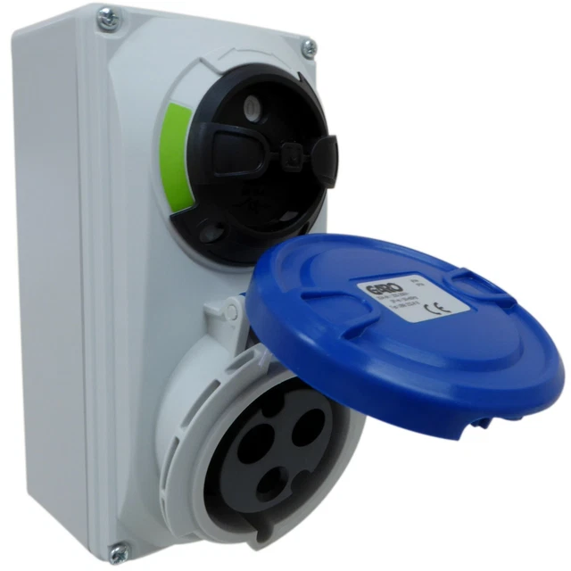 32A INTERLOCKED SOCKET 3 Pin 230V Switched IP44 Vertical Surface Mount ...