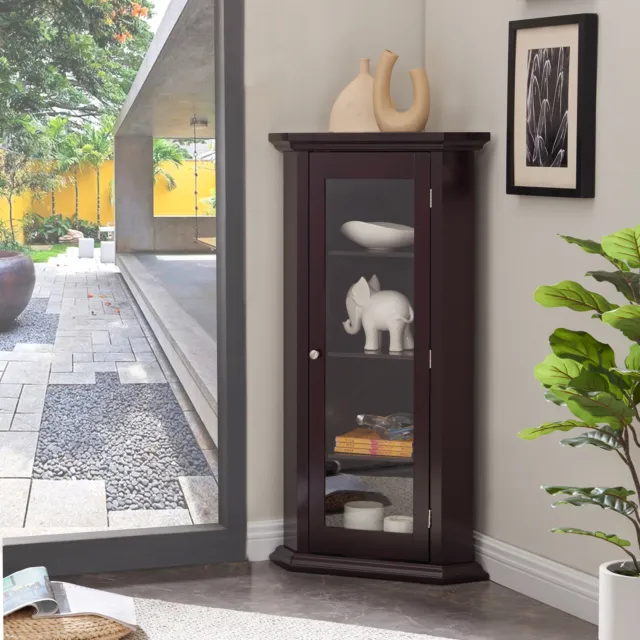 Kings Brand Furniture - Corner Curio Storage Cabinet with Glass Door, Cherry