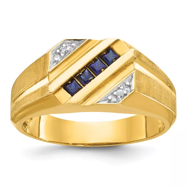 14K Yellow Gold Mens Created Sapphire Diamond Ring