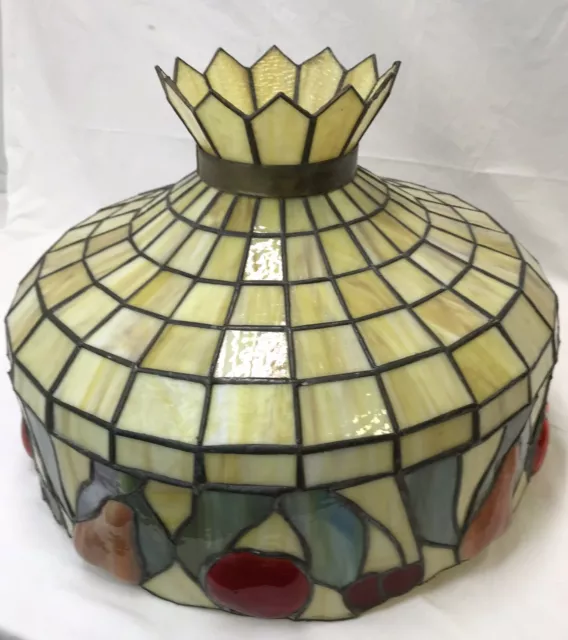 Large 20" Antique Vtg Arts & Crafts Leaded Slag Stained Glass Lamp Shade, Fruit