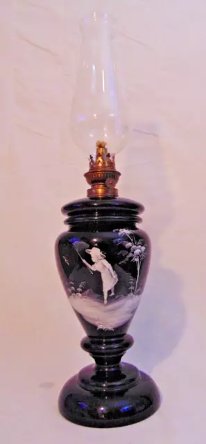 Antique Black Amethyst Mary Gregory Glass Oil Lamp