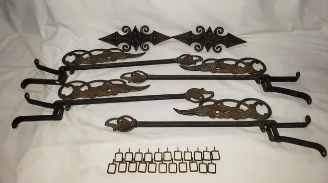 Antique Swing Arm Curtain Rods Polychrome Metal Flowers w/ Brackets Cottagecore