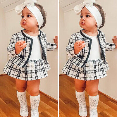 Toddler Girls Baby Winter Clothes Plaid Coat Tops+Tutu Dress Formal Outfits 2Pcs