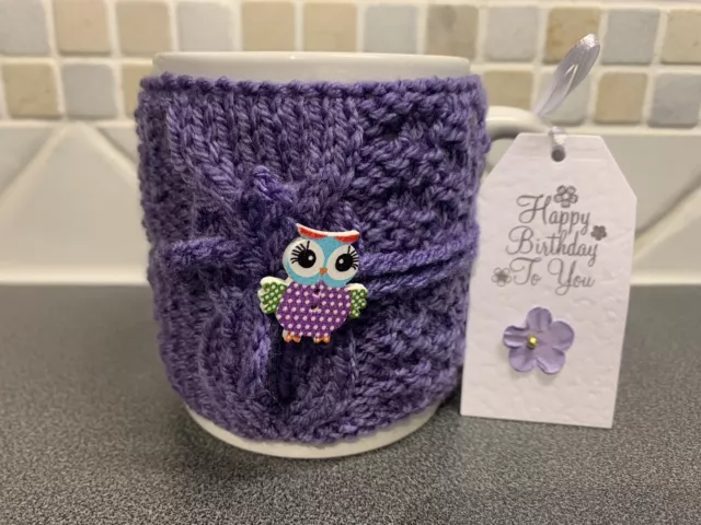 Hand Knitted Lavender Mug Cosy With Cute Owl Button