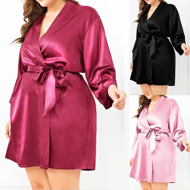 Women Plus Size Silk Satin Bath Robe Kimono Dressing Gown Sleepwear Lingerie Pjs