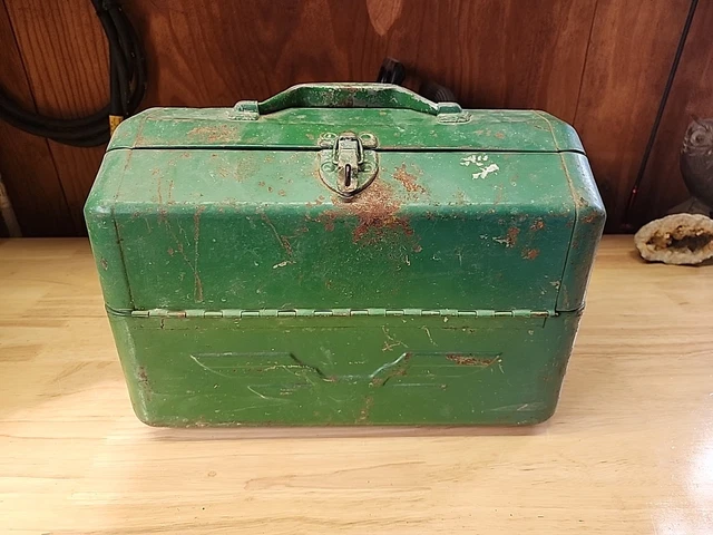 Boîte De Pêche Vintage JC Higgins – Métal, Marron, 2 Plateaux, USA, Sears Roebuck