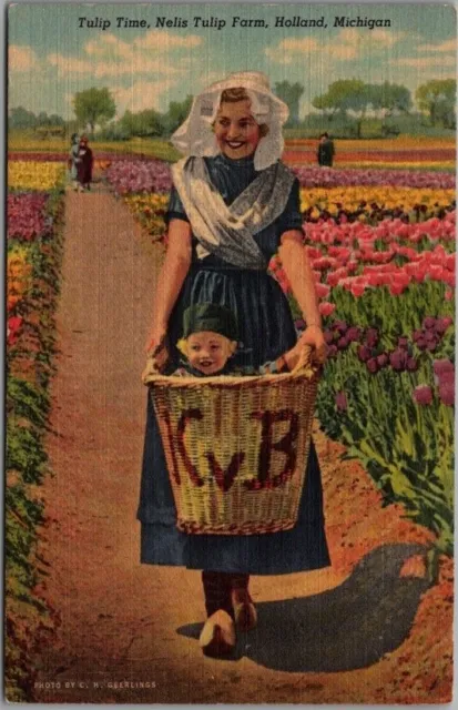 Holland, Michigan Linen Postcard NELLIS TULIP FARM Woman Bicycle / Boy in Basket