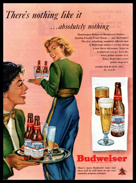 1949 Budweiser Beer Waitresses Wearing Bow Ties "Nothing Like It" Print Ad