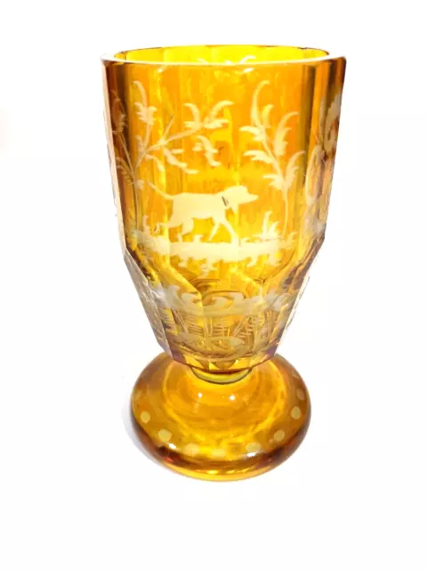 Antique Yellow Bohemian Goblet Cut Engraved Hunting Dog Deer Bird Faceted