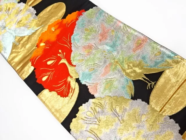 6701742: Japanese Kimono / Antique Fukuro Obi / Woven Peacock & Egasumi