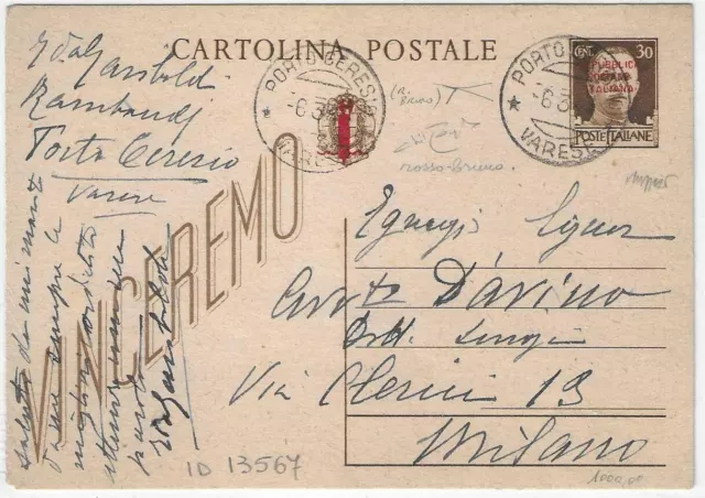 Storia Postale- 1944 Regno Intero Postale Rsi C.30 Cart. Soprastampa Rosso F/299