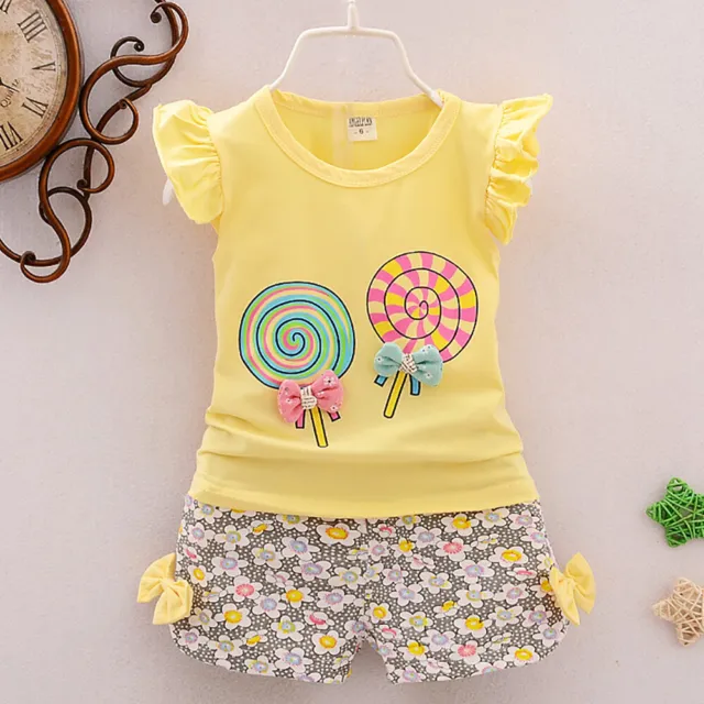 T-shirt bambino top + pantaloncini floreali pantaloni set vestiti abiti bambine 9