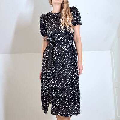 Zara Midi Tea Dress Polka Dot Black White Belted Puff Short Sleeves Slit Medium