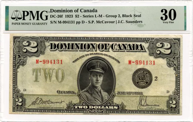 1923 $2 Dominion of Canada DC-26f Series L-M - G 2, Black Seal PMG Very Fine 30