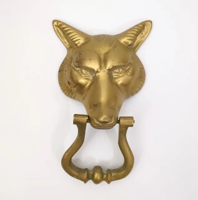 Vintage 7 1/2" Heavy Solid Brass Fox/Wolf Head Large Door Knocker.