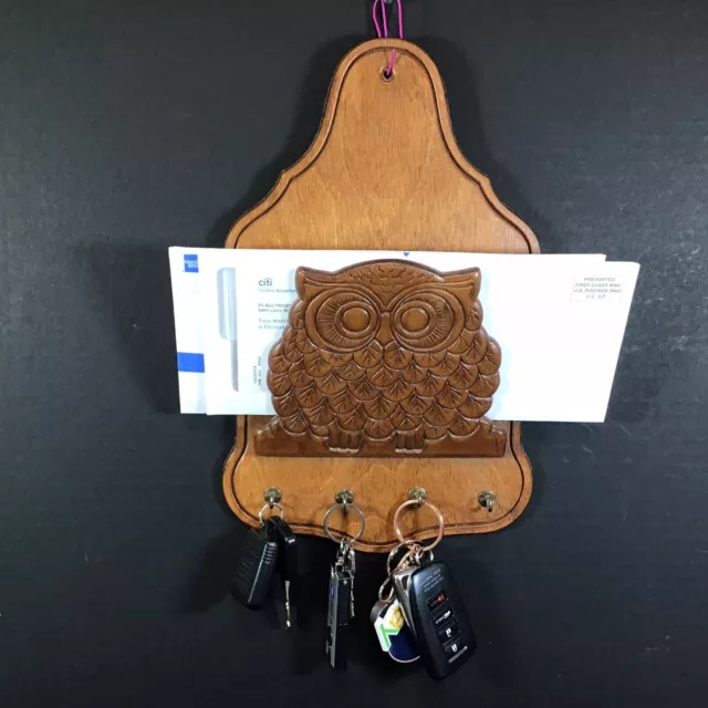 Vintage MCM OWL Brown Wood Letter HOLDER Mail ORGANIZER Key Hooks Wall Mount