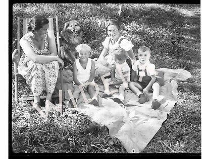 1940s Era Germany Photo Negative Family With Dog On Blanket Baby In Water Bucket