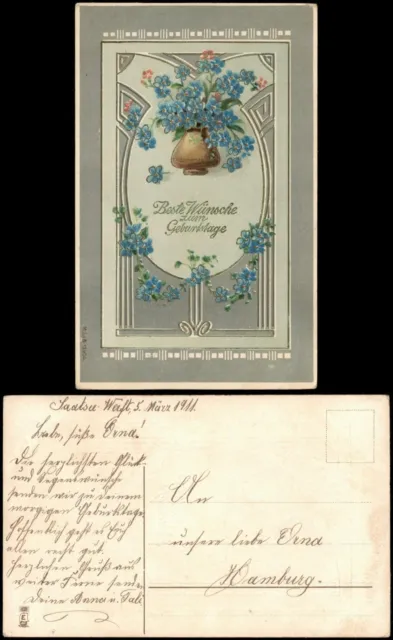 Glückwunsch Geburtstag Birthday Jugendstil-Ornament Veilchen 1911 Goldrand