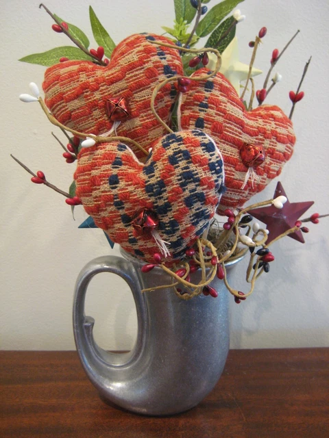 Primitive Antique Coverlet Hearts -Vintage Horn Cup - Patriotic Table Decoration