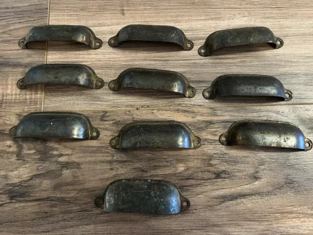 10 Antique Brass Apothecary Cup Drawer Bin Pull Handles 3.5" Old Store Counter