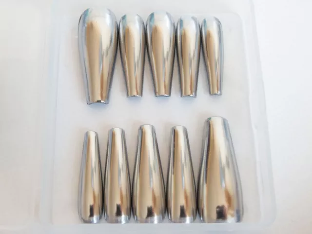 Silver Chrome Mirror Effect Press On Glue On Gel False Nails with Glue + Tabs