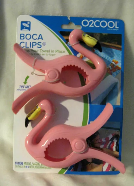 Pink Flamingo Boca Clips 2Pc Holds Beach Towels Bags Tropical Poolside Patio