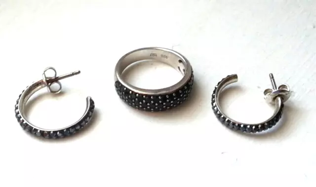 Edles 925 Schmuckset Ring + Stecker Creolen mit schwarzen Zirkonen Tschibo RG 56