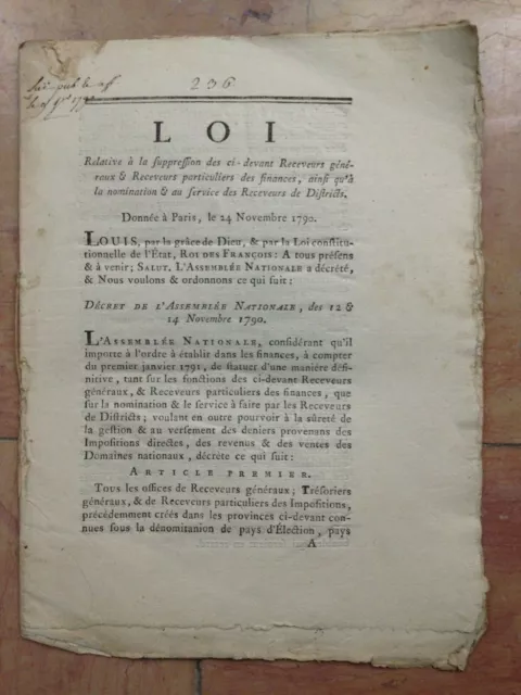 Loi Relative a La Suppression Des Receveurs Généraux Du 24 NOVEMBRE 1790 E.O.