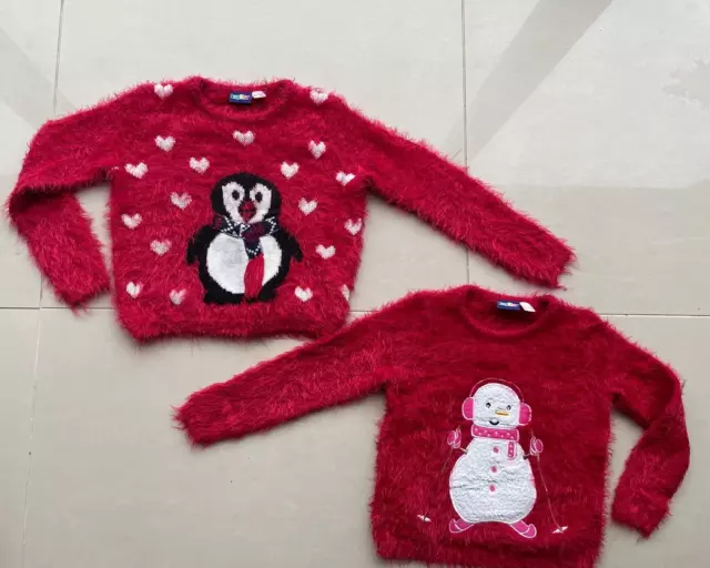 2 X Bundle Girls Christmas Jumper Red 2-4 Years Red Lupilu Snowman Penguin Xmas