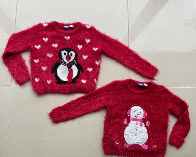 2 X Bundle Girls Christmas Jumper Red 2-4 Years Red Lupilu Snowman Penguin Xmas