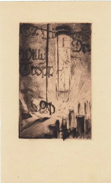 Exlibris Bookplate Etching Walter Rehn 1884-1951 Male Nude Test Tube
