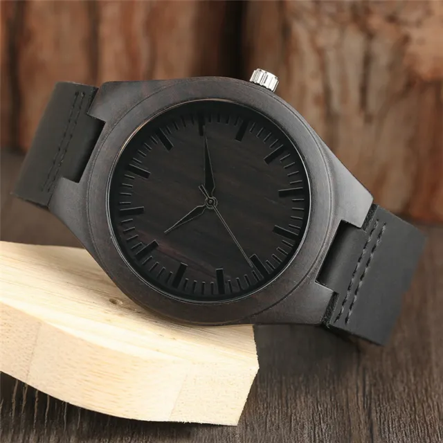 Black Nature Wooden Bamboo PU Leather Band Strap Men's Quartz Wrist Watch Gift