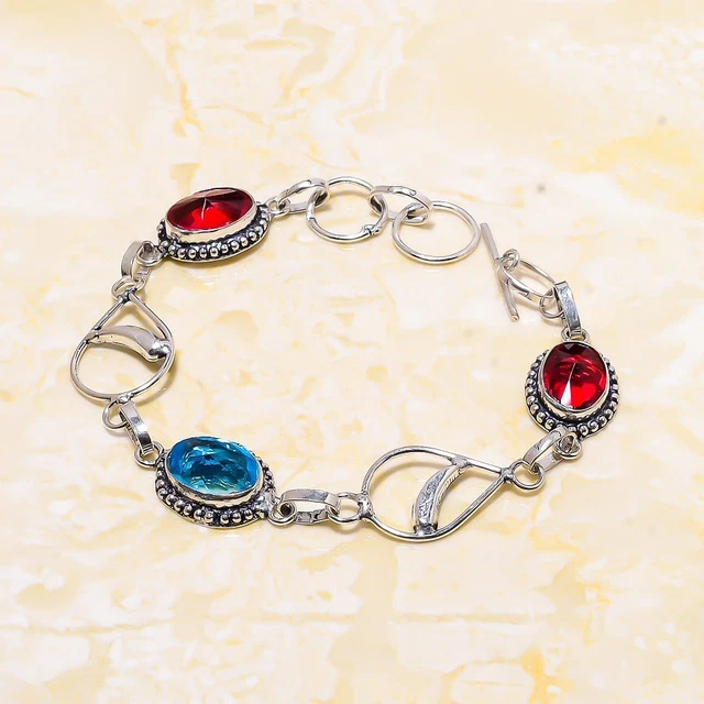 Swiss Blue Topaz, Garnet Gemstone Handmade Gift Bracelet 7-8" e840