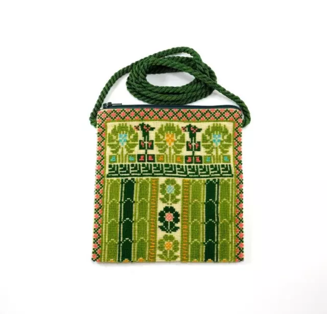 Embroidery 2 Faces Green Crossbody Zipper Pouch/ Bag for Wallet, Card and Makeup