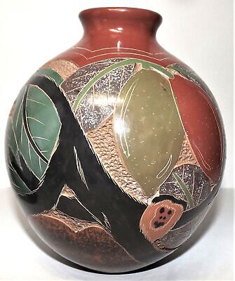 Hand Made South American Round Pottery Vase Jungle Animals 7" Tall, Signed