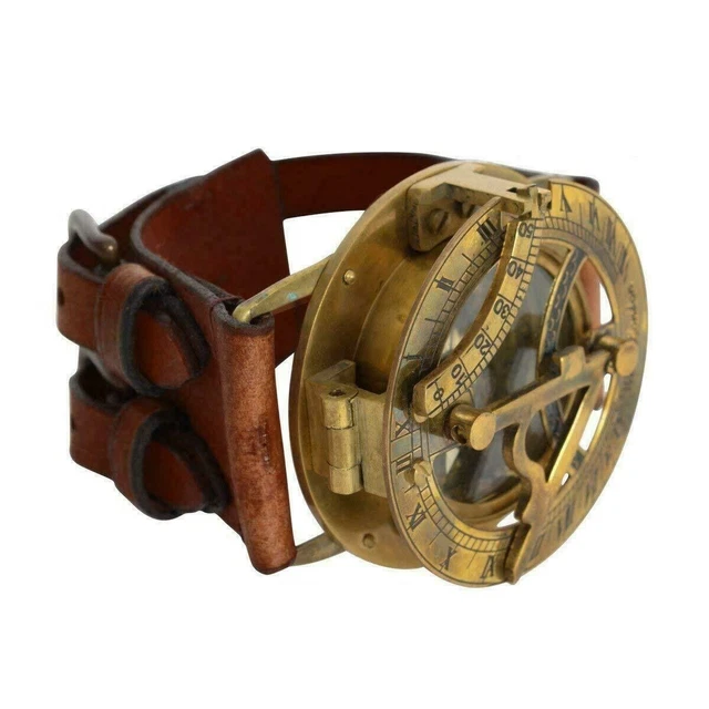 Cadran solaire Montre en cuir Laiton Boussole Cuir Antique Vieil Or Lustre...