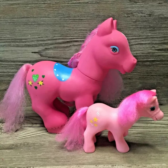 2006 Gi-Go Wonder Pony Land 23cm Pink Mummy & Baby Foal Horse Toy Heart Flower 2