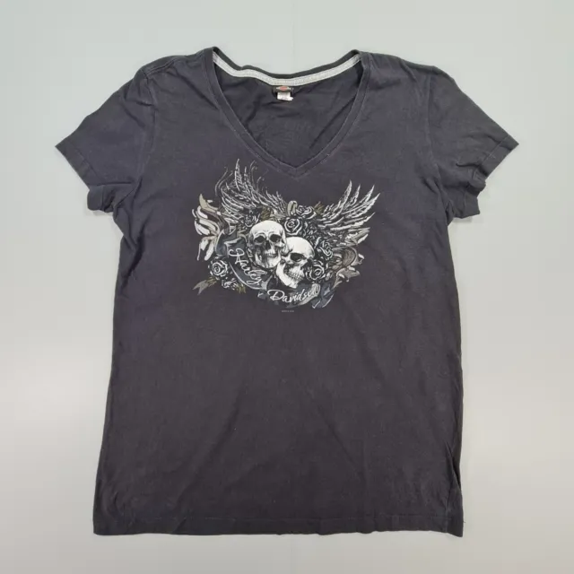 Harley Davidson Womens T Shirt Black Large Skull Print V Neck Cotton Top