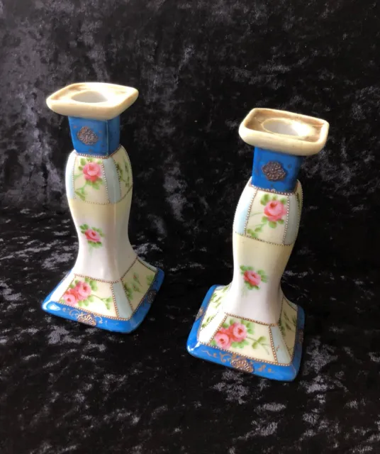 Antique Kinjo China Nippon Hand Painted Porcelain Candle Stick Holders Pre 1921