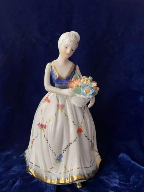 KPM German Porcelain Victorian Lady Cobalt Blue and White Dress with Bouquet