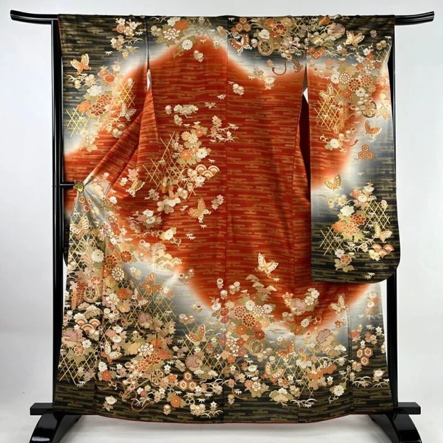 Woman Japanese Kimono Furisode Silk Flower Cart Butterfly Gold Thread Foil Red