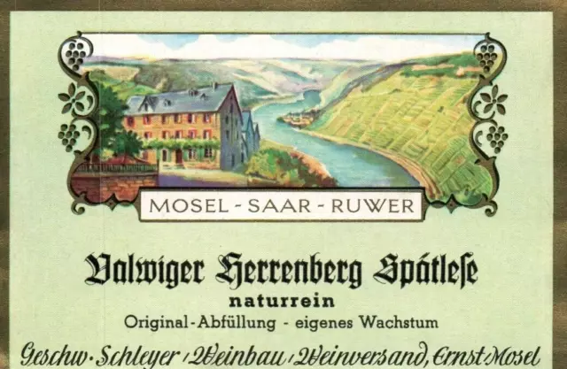 Lovely River Mosel Saar Ruwer Valwiger Herrenberg 1950's-60's German Wine Label