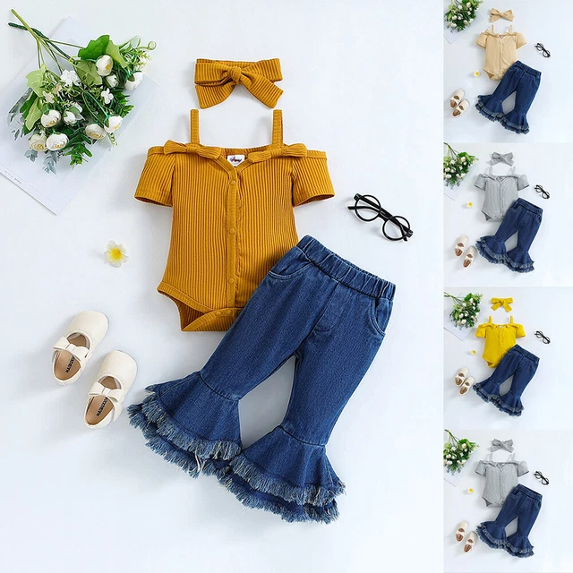 Infant Baby Girl Solid Romper Tops Jeans Denim Pants Headband Set Outfit Clothes 3