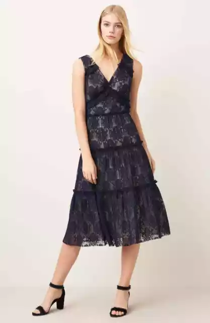 Lace Midi Dress with pleated tiers Cocktail MAGGY LONDON Blue Size 12 $178